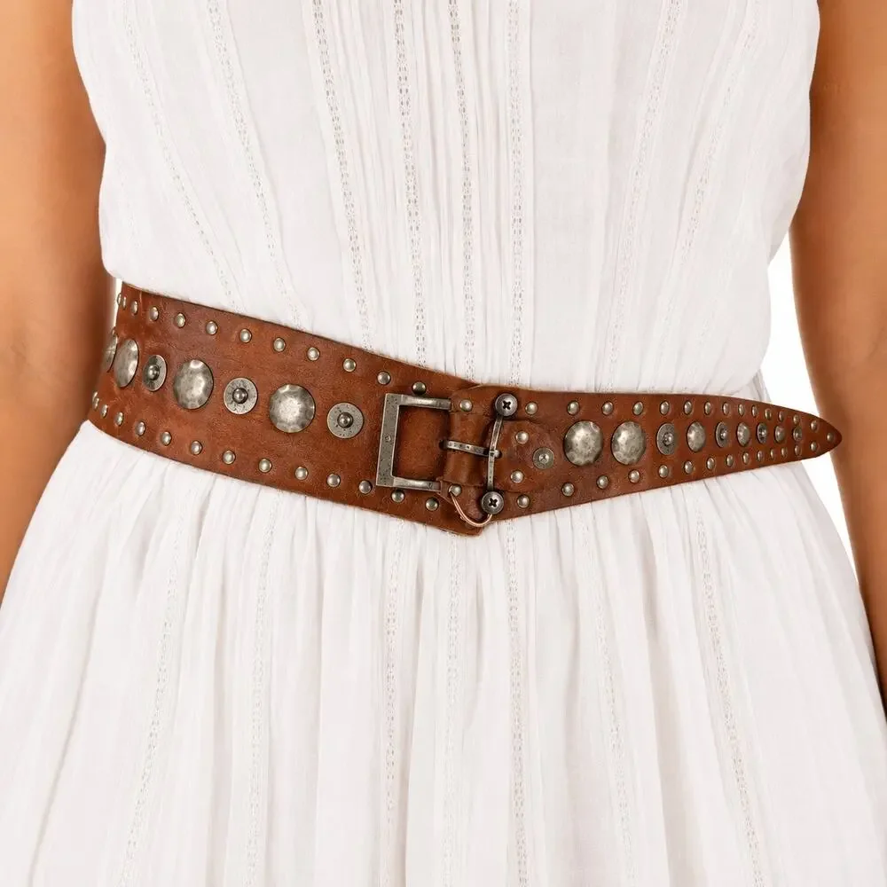 Topaz Brown Genuine Leather Studded Made in Italy Vintage Belt